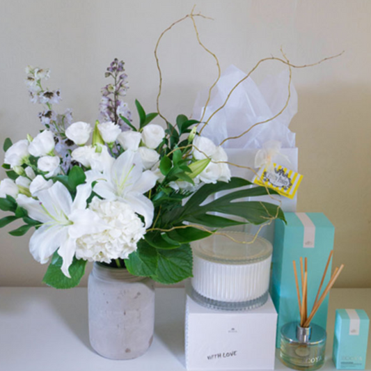 White and Green Bouquet and Ecoya Hamper